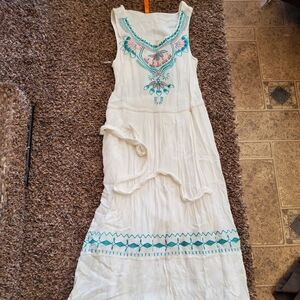 White and Teal Aztec Print Maxi Dress with Sash